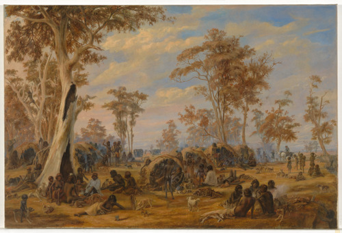 'A  tribe of natives on the banks of the River Torrens' by A Schramm